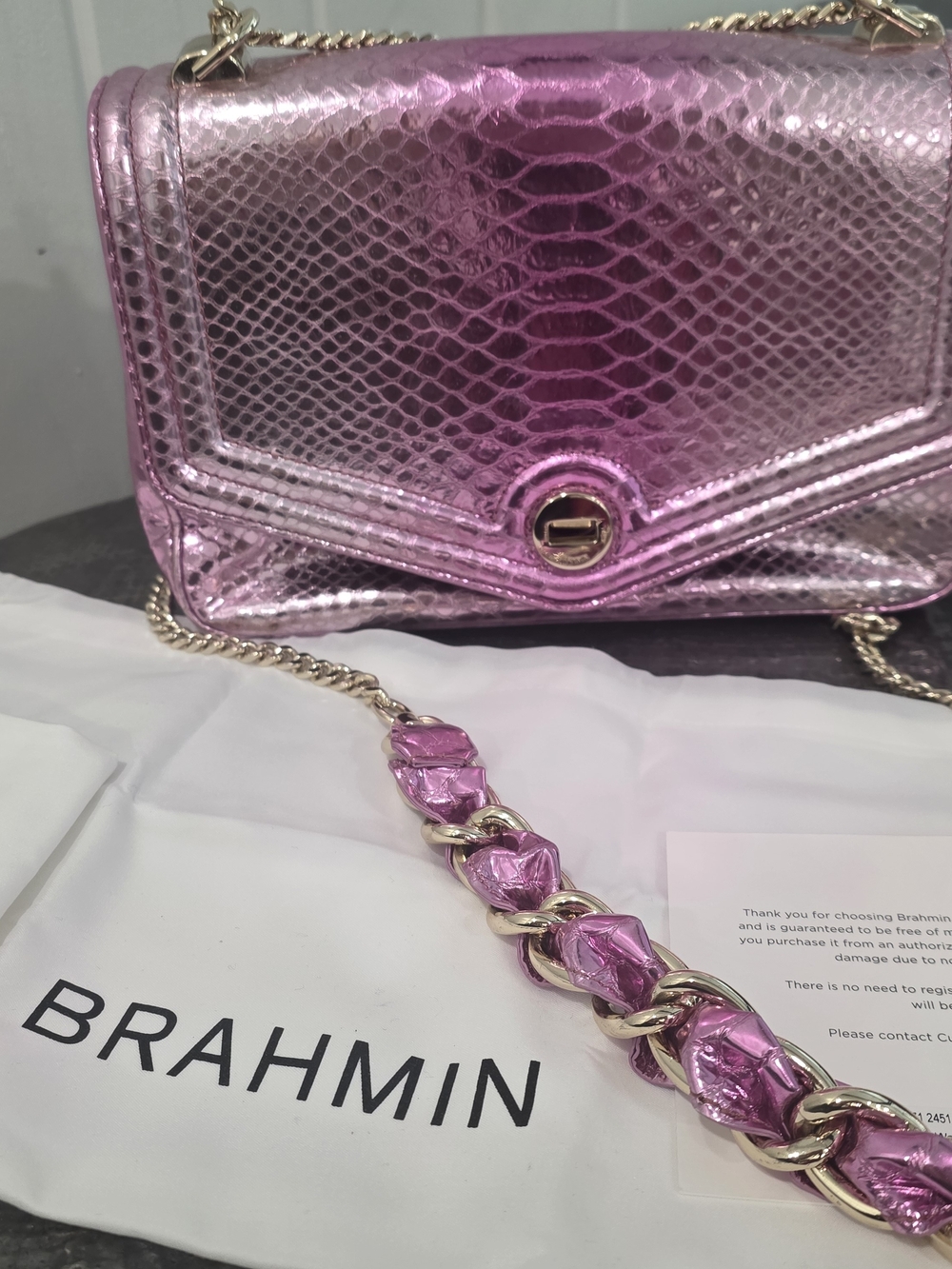 NWOT Brahmin Pink Metallic Rosewater Akoni Rosalie Chain crossbody/shoulder